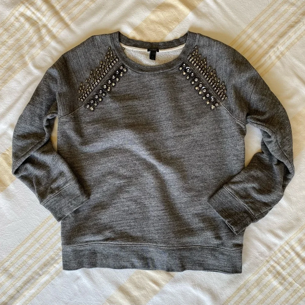 J. Crew 💎 Beloved Bejeweled Sweatshirt, Black Label, Raglan Sleeve, SZ L - Picture 1 of 14